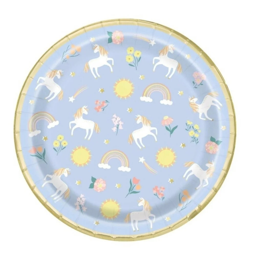 Unique Dainty Unicorn Party Paper Plates Blue Gold